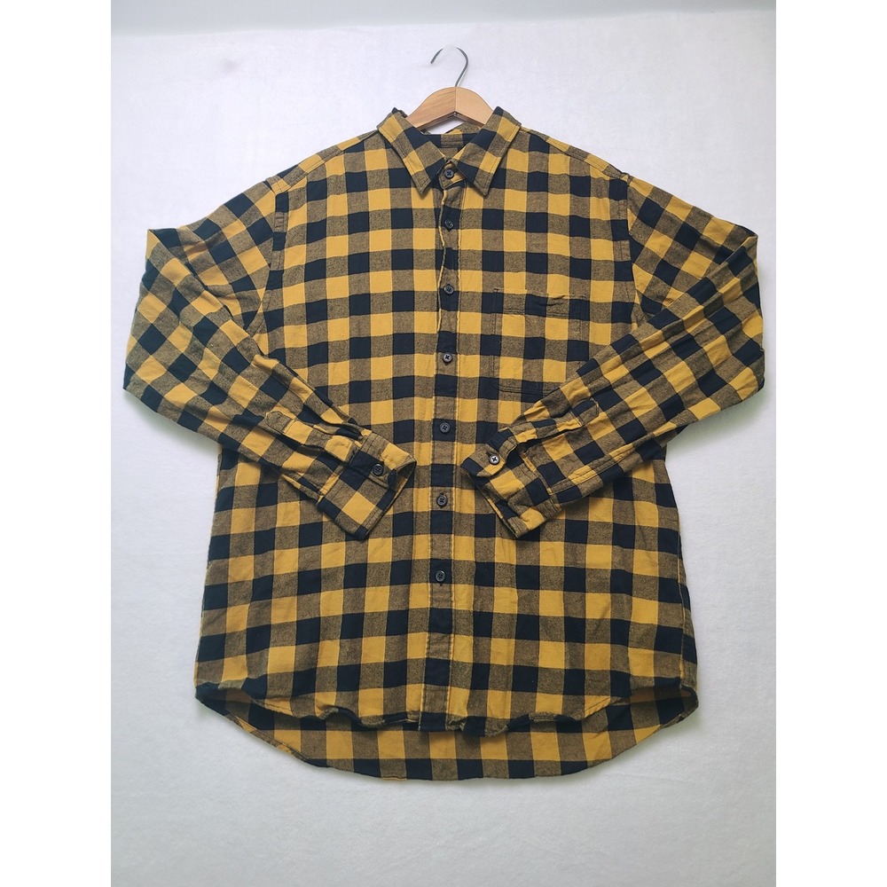 Uniqlo L Flannel Shirt Gorpcore Mustard Yellow Black Buffalo Check Plaid Camp